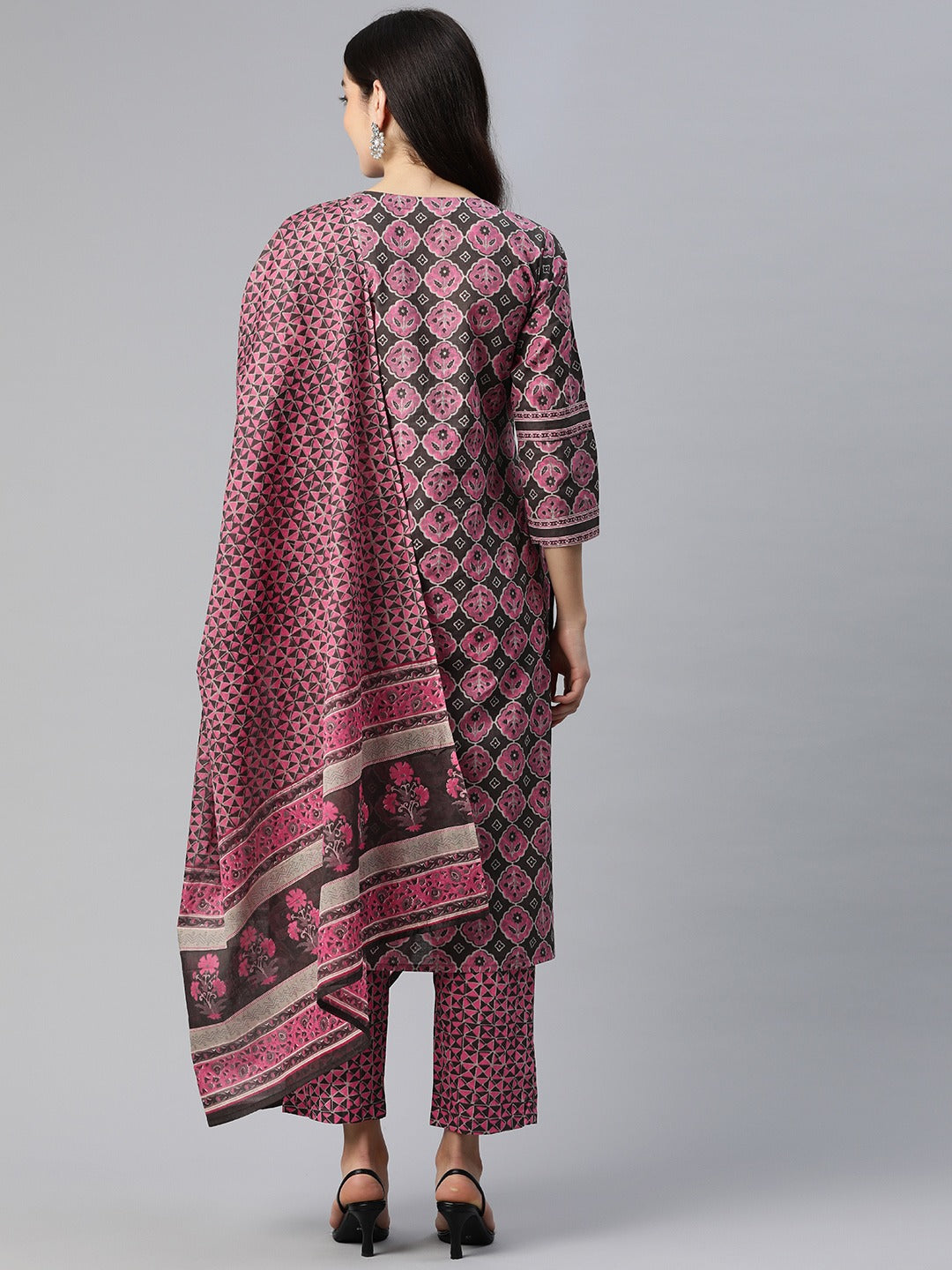 Straight Style Cotton Fabric Pink Color Embroidered Printed Kurti With Palazzo And Dupatta