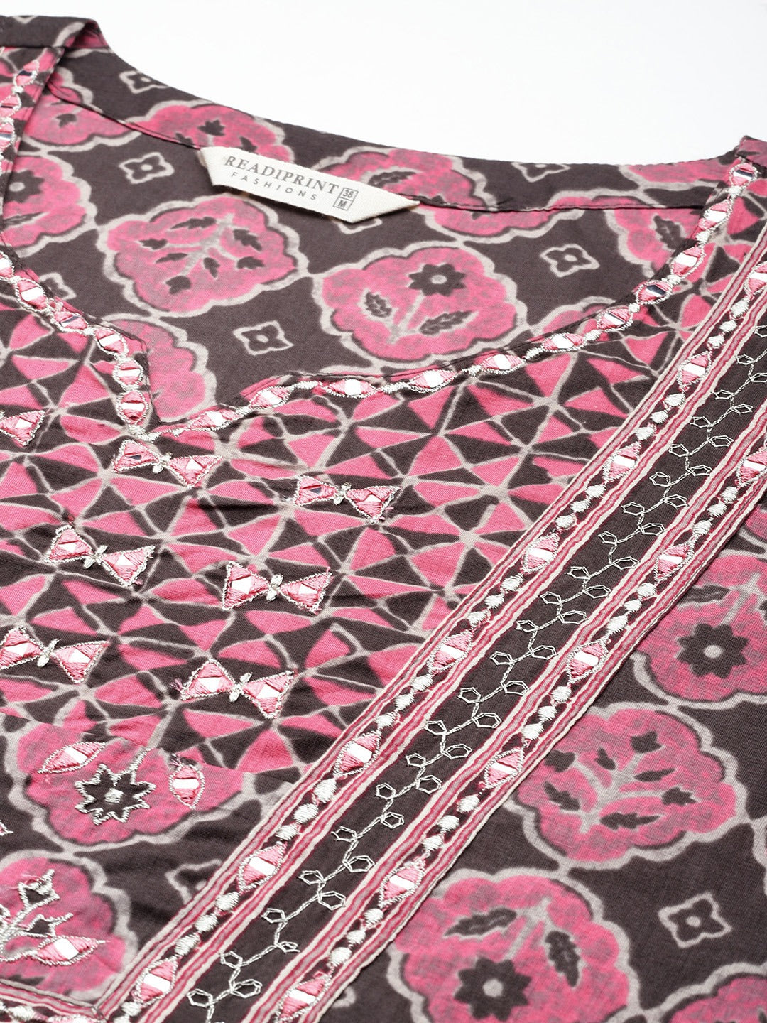 Straight Style Cotton Fabric Pink Color Embroidered Printed Kurti With Palazzo And Dupatta