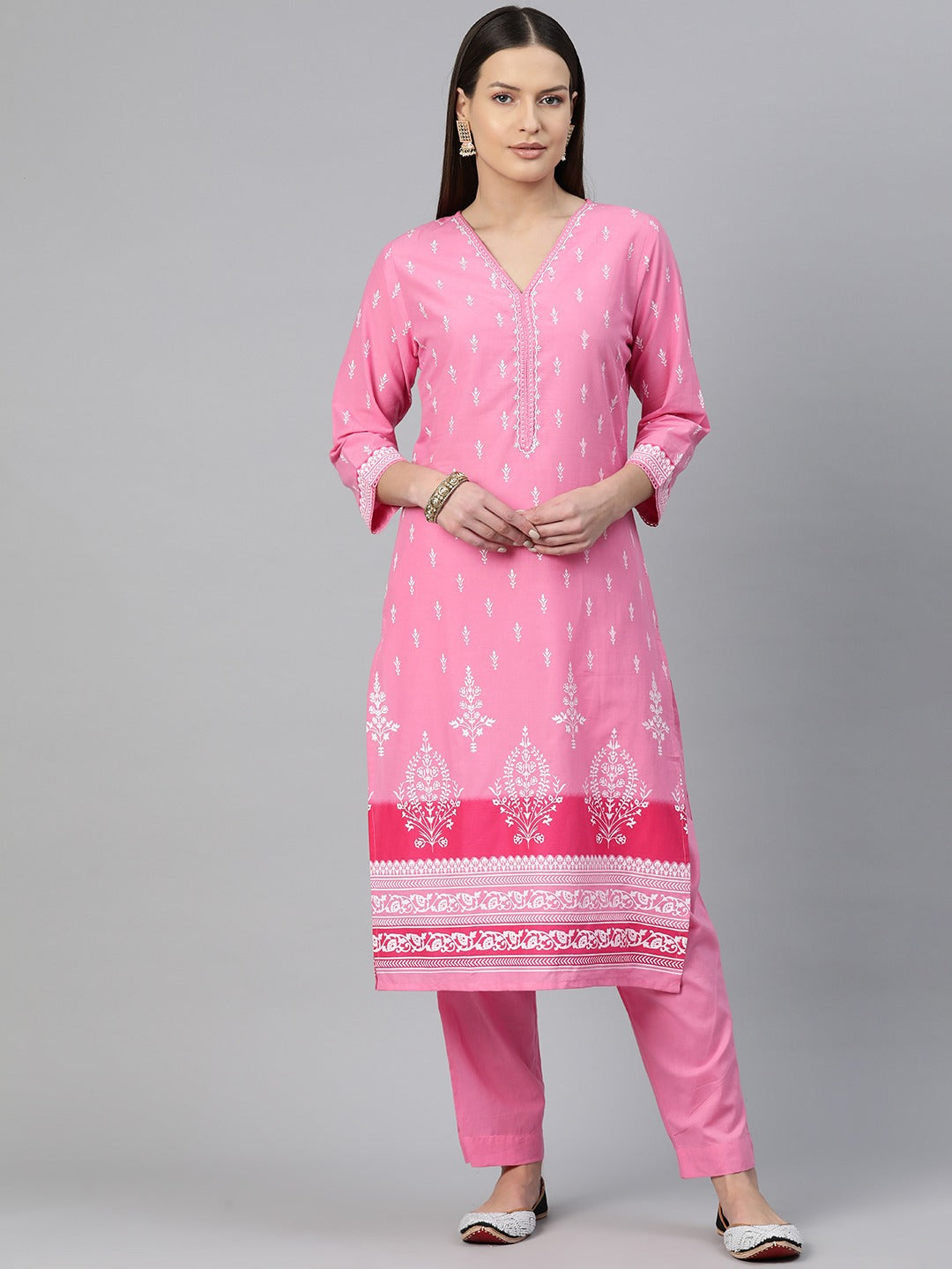 Straight Style Cotton Fabric Pink Color Printed Kurti With Palazzo