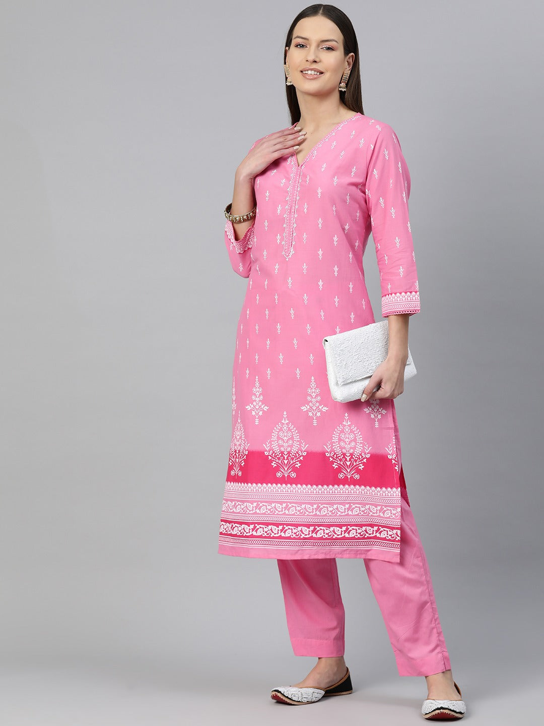 Straight Style Cotton Fabric Pink Color Printed Kurti With Palazzo