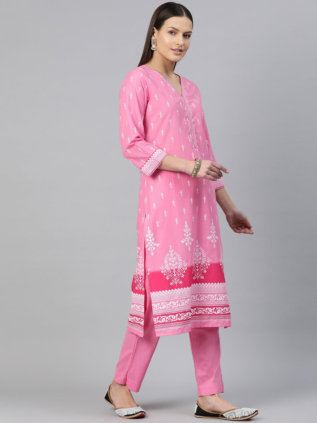 Straight Style Cotton Fabric Pink Color Printed Kurti With Palazzo