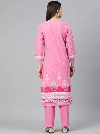 Straight Style Cotton Fabric Pink Color Printed Kurti With Palazzo