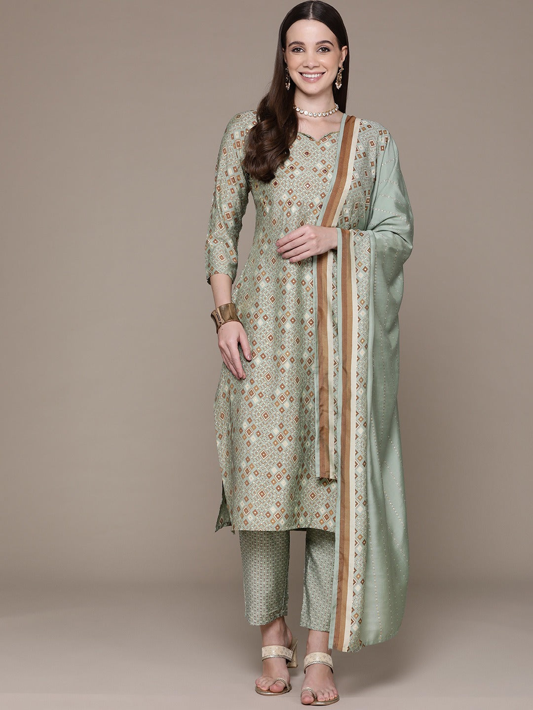 Straight Style Silk Fabric Green Color Printed & Cut Dana Work Kurti With Palazzo And Dupatta