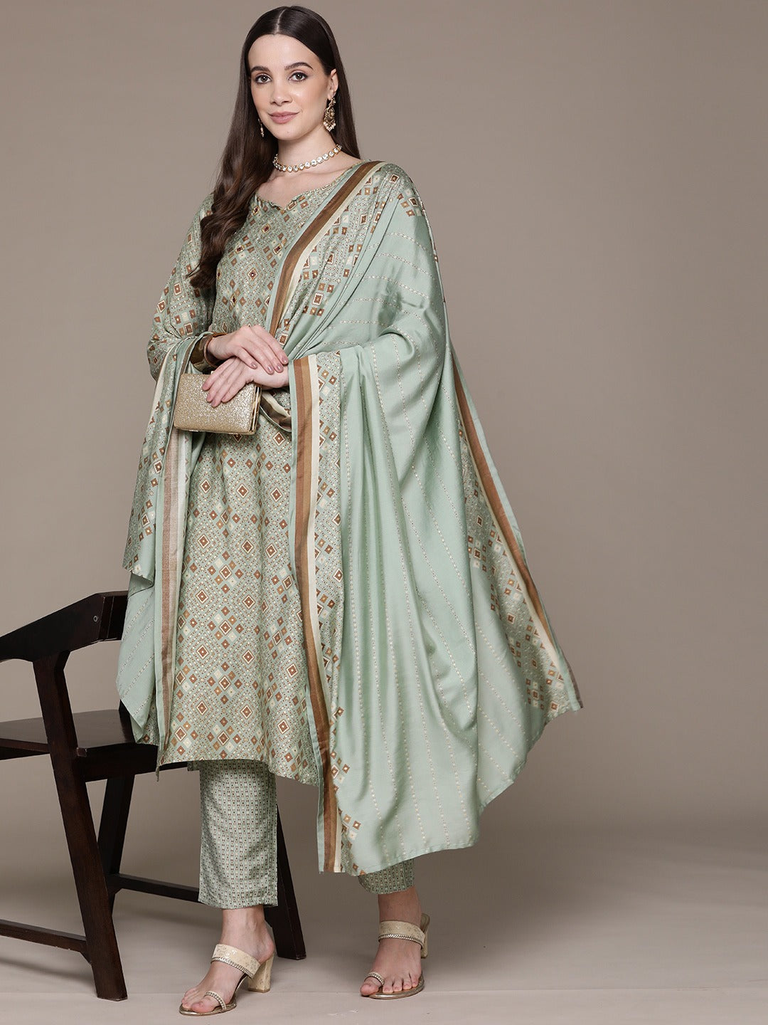 Straight Style Silk Fabric Green Color Printed & Cut Dana Work Kurti With Palazzo And Dupatta