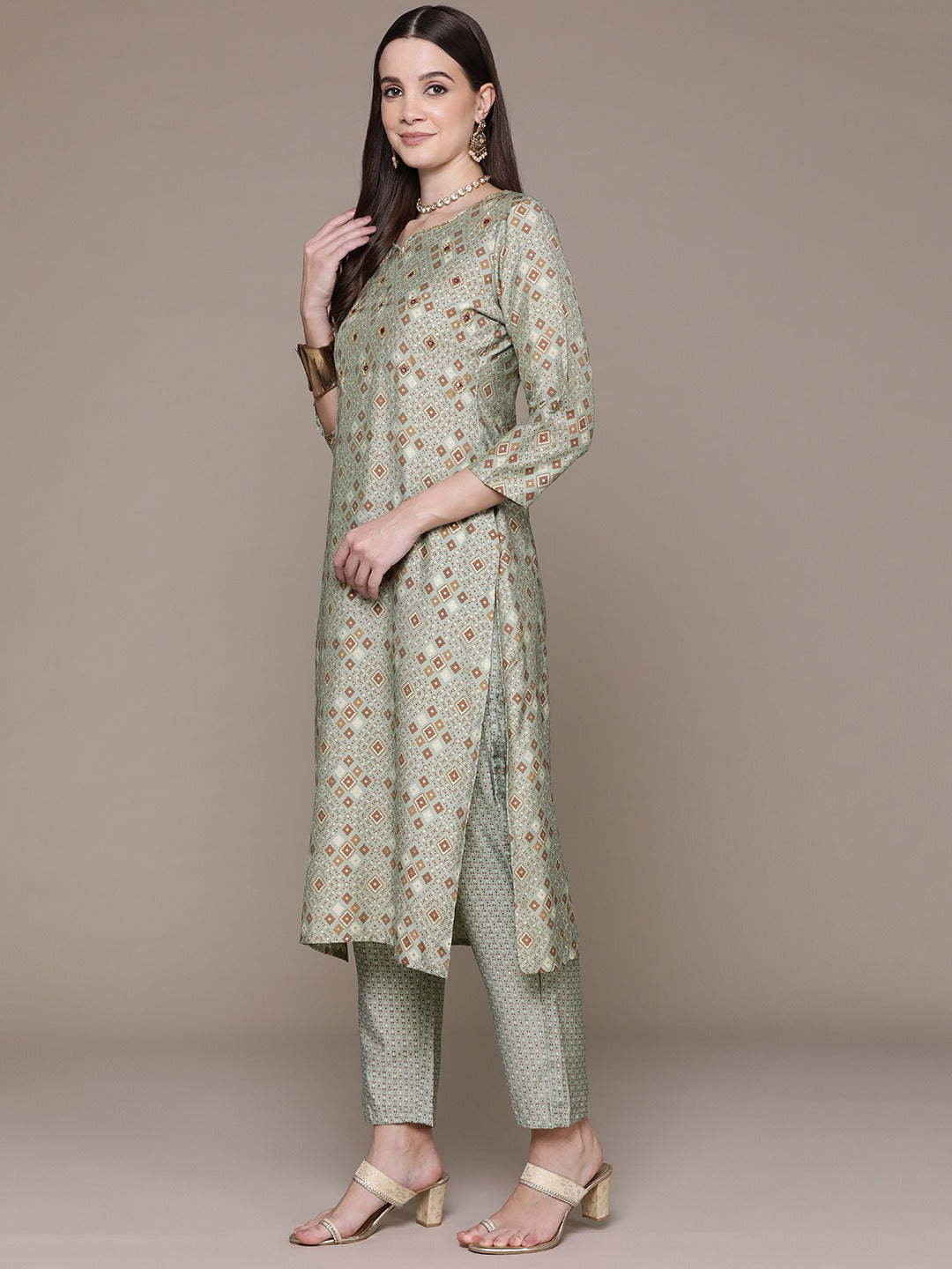 Straight Style Silk Fabric Green Color Printed & Cut Dana Work Kurti With Palazzo And Dupatta