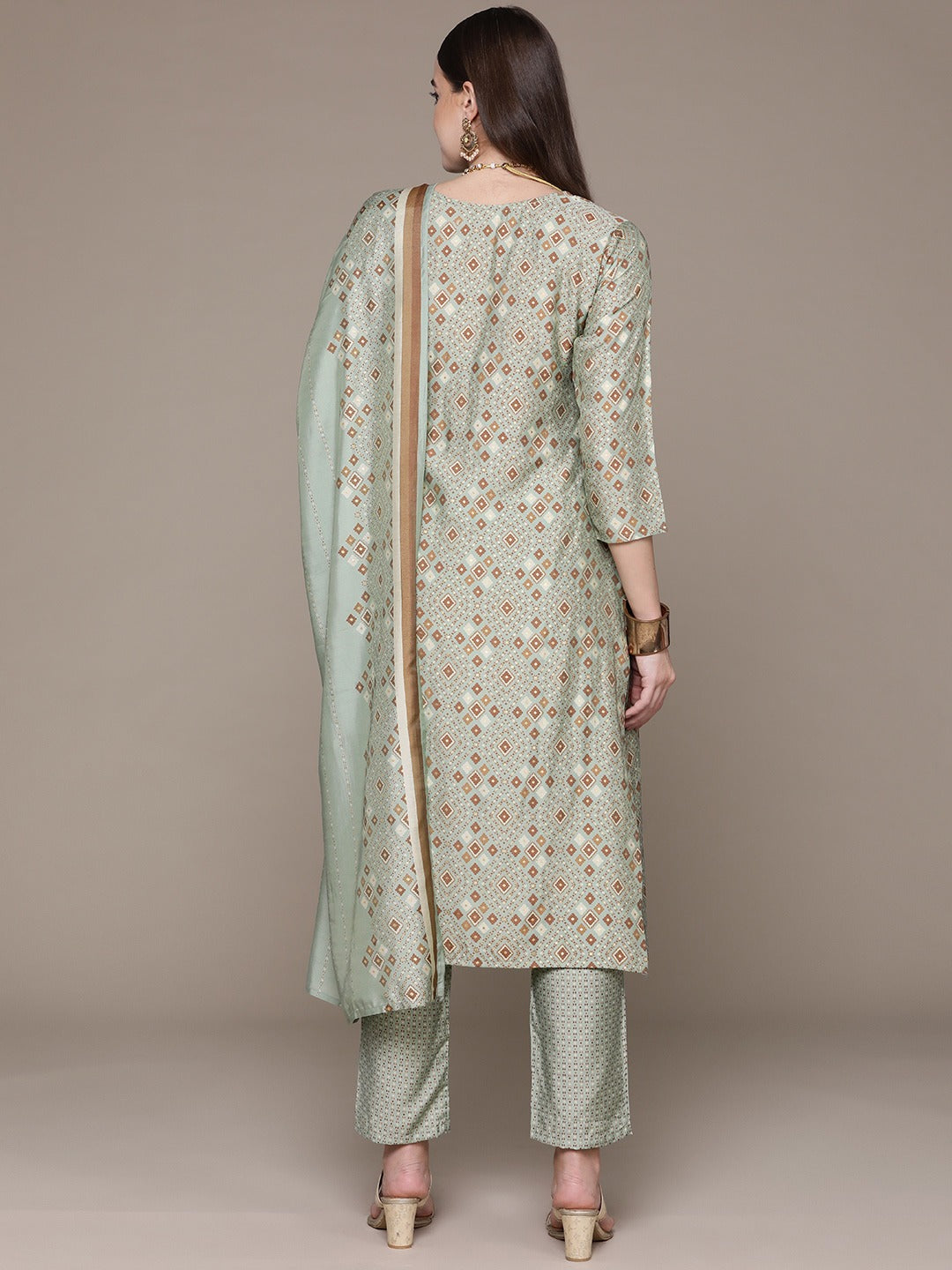 Straight Style Silk Fabric Green Color Printed & Cut Dana Work Kurti With Palazzo And Dupatta