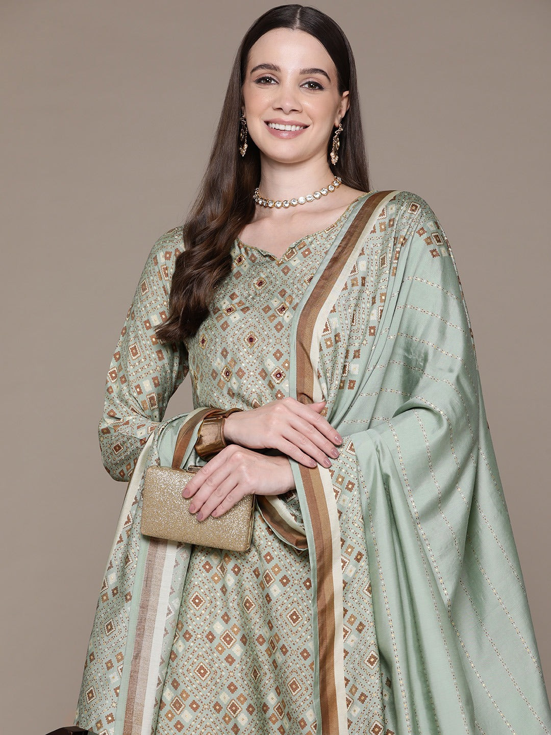 Straight Style Silk Fabric Green Color Printed & Cut Dana Work Kurti With Palazzo And Dupatta