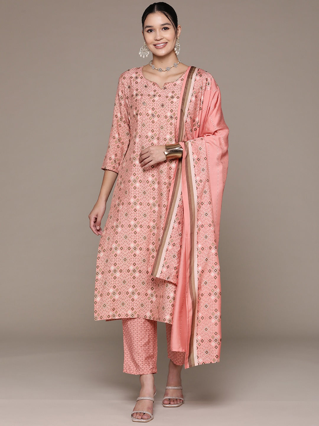 Straight Style Silk Fabric Pink Color Printed & Cut Dana Work Kurti With Palazzo And Dupatta