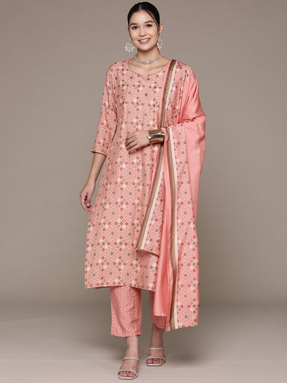 Straight Style Silk Fabric Pink Color Printed & Cut Dana Work Kurti With Palazzo And Dupatta