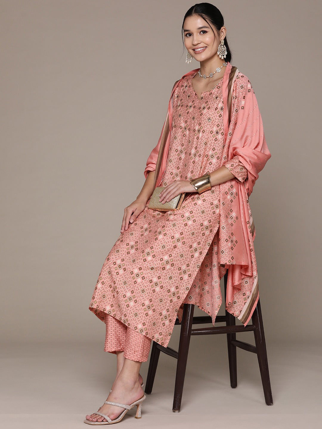 Straight Style Silk Fabric Pink Color Printed & Cut Dana Work Kurti With Palazzo And Dupatta