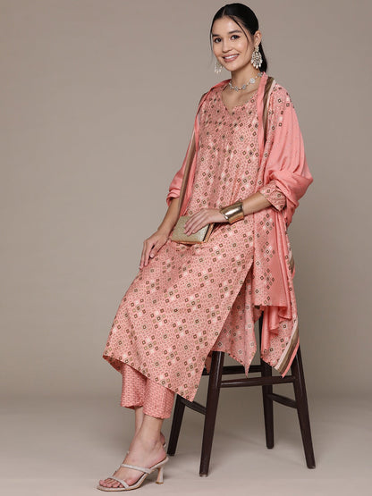 Straight Style Silk Fabric Pink Color Printed & Cut Dana Work Kurti With Palazzo And Dupatta