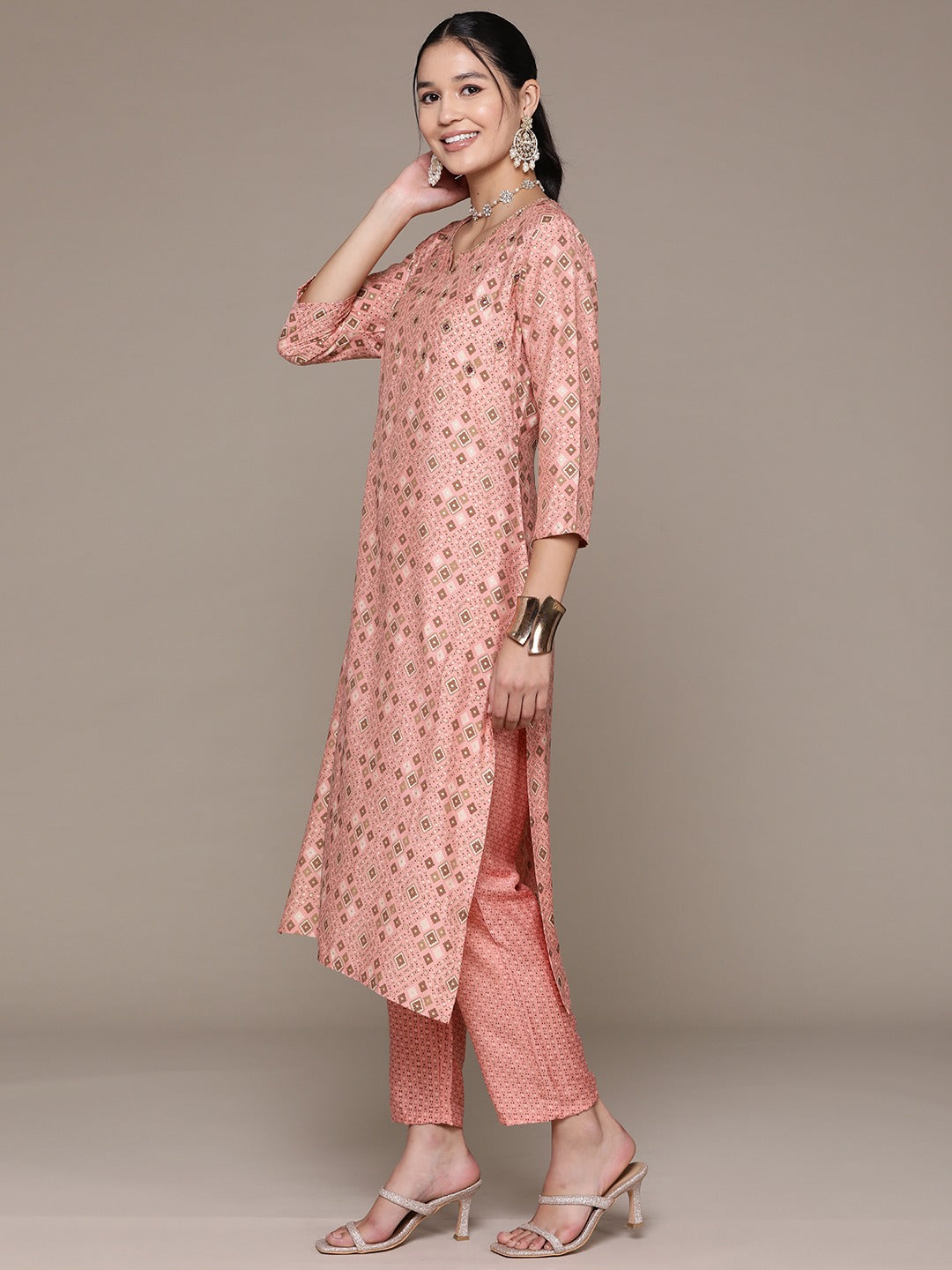 Straight Style Silk Fabric Pink Color Printed & Cut Dana Work Kurti With Palazzo And Dupatta