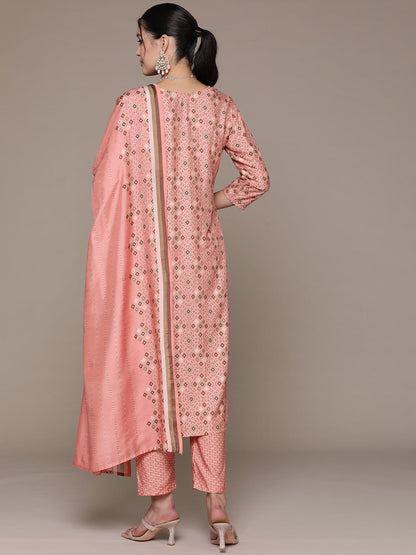 Straight Style Silk Fabric Pink Color Printed & Cut Dana Work Kurti With Palazzo And Dupatta