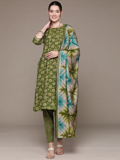 Straight Style Silk Fabric Green Color Printed & Cut Dana Work Kurti With Palazzo And Dupatta