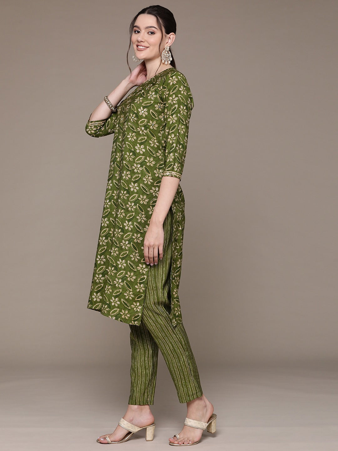 Straight Style Silk Fabric Green Color Printed & Cut Dana Work Kurti With Palazzo And Dupatta