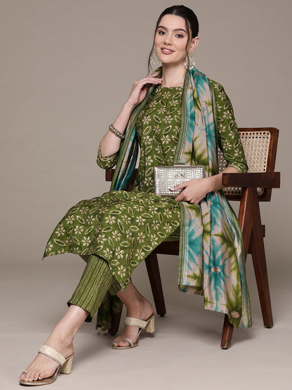 Straight Style Silk Fabric Green Color Printed & Cut Dana Work Kurti With Palazzo And Dupatta