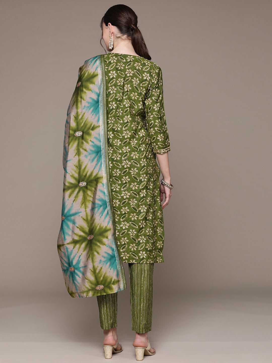 Straight Style Silk Fabric Green Color Printed & Cut Dana Work Kurti With Palazzo And Dupatta