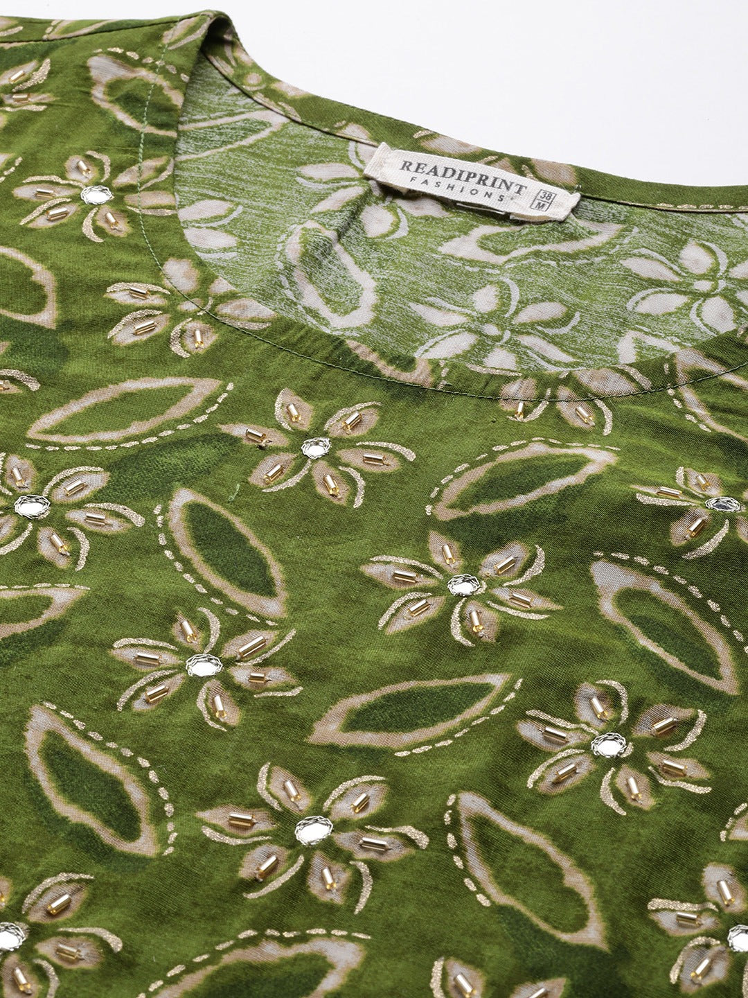 Straight Style Silk Fabric Green Color Printed & Cut Dana Work Kurti With Palazzo And Dupatta