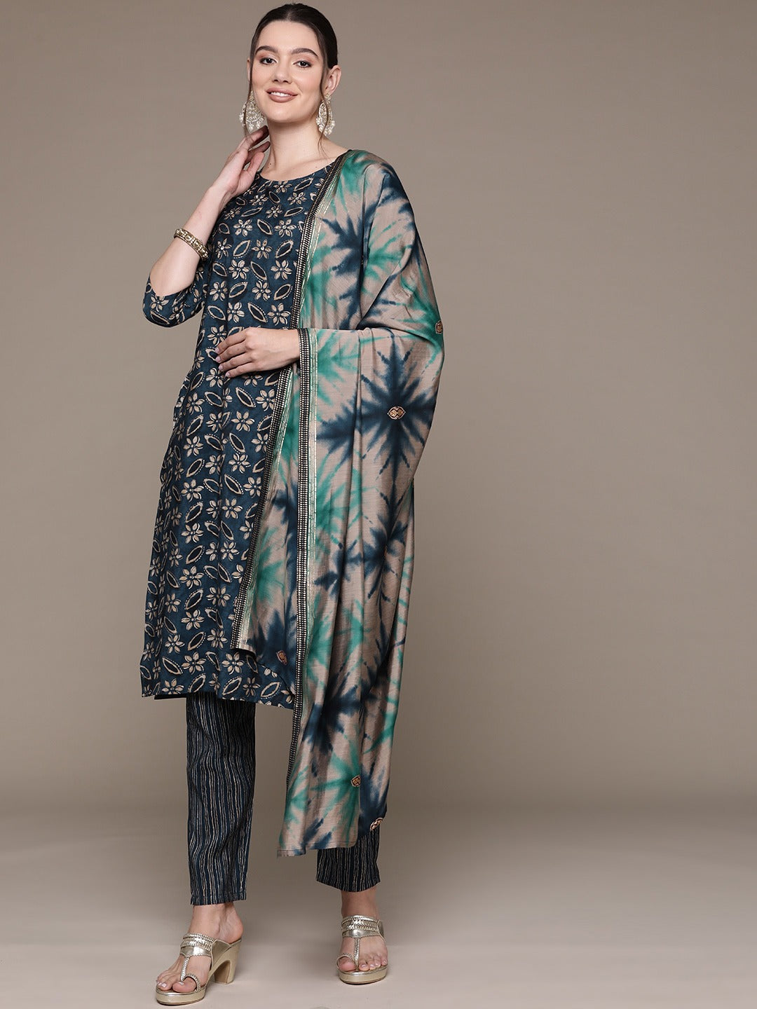 Straight Style Silk Fabric Blue Color Printed & Cut Dana Work Kurti With Palazzo And Dupatta