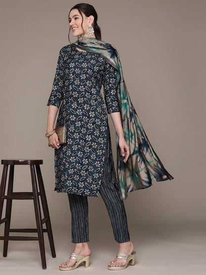 Straight Style Silk Fabric Blue Color Printed & Cut Dana Work Kurti With Palazzo And Dupatta