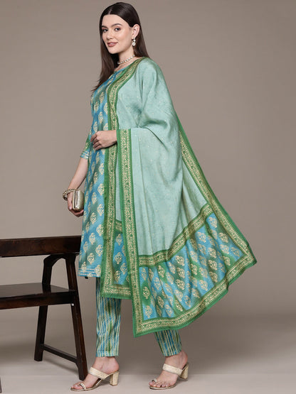 Straight Style Silk Fabric Blue Color Printed & Cut Dana Work Kurti With Palazzo And Dupatta