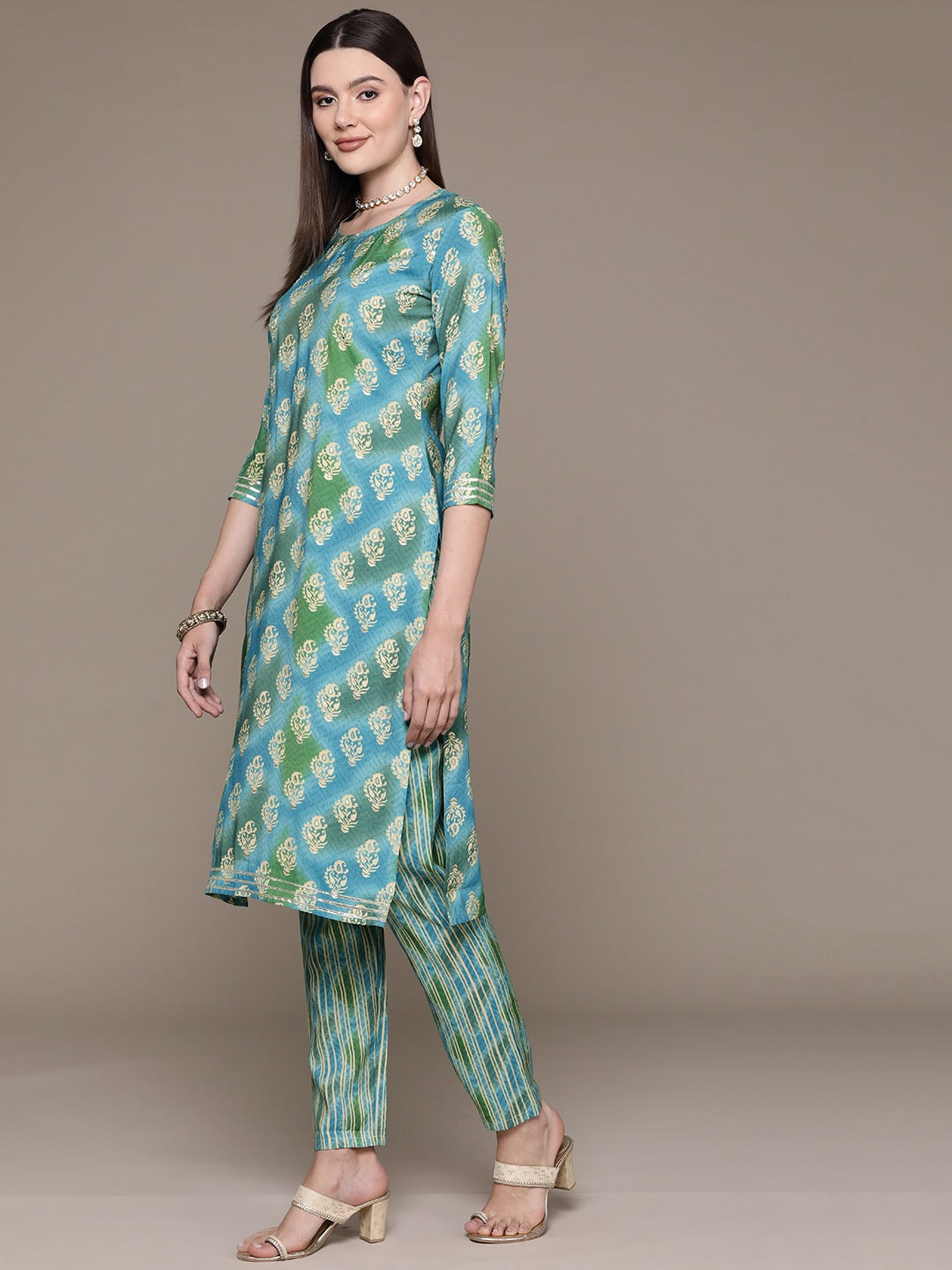 Straight Style Silk Fabric Blue Color Printed & Cut Dana Work Kurti With Palazzo And Dupatta