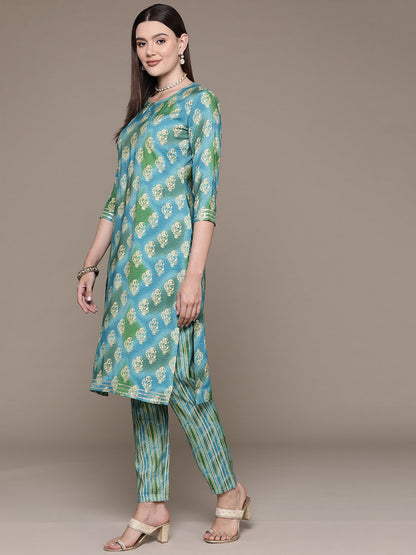 Straight Style Silk Fabric Blue Color Printed & Cut Dana Work Kurti With Palazzo And Dupatta