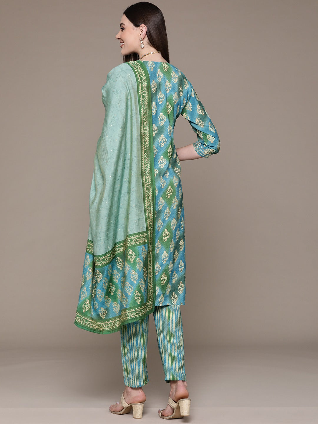 Straight Style Silk Fabric Blue Color Printed & Cut Dana Work Kurti With Palazzo And Dupatta