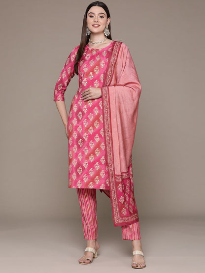 Straight Style Silk Fabric Pink Color Printed & Cut Dana Work Kurti With Palazzo And Dupatta