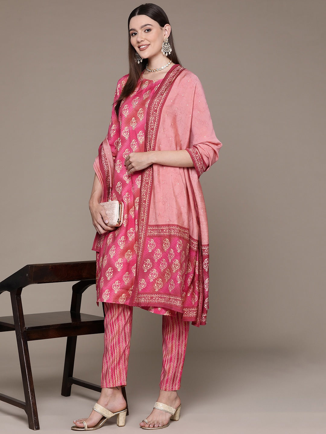 Straight Style Silk Fabric Pink Color Printed & Cut Dana Work Kurti With Palazzo And Dupatta