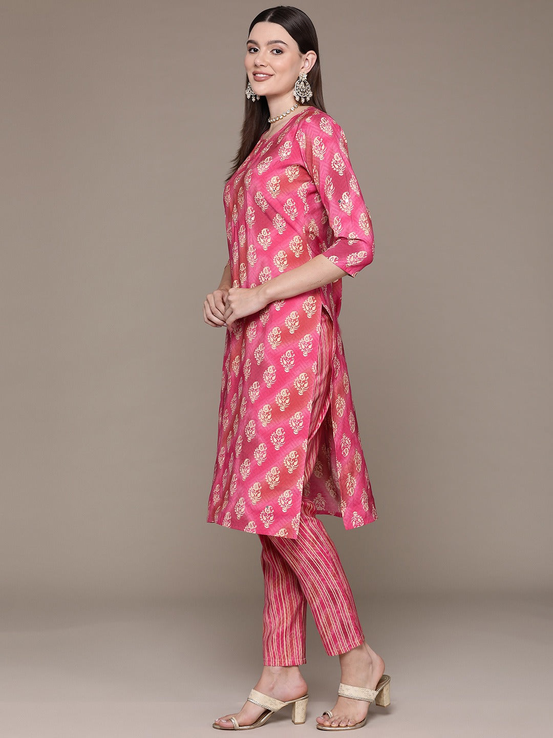 Straight Style Silk Fabric Pink Color Printed & Cut Dana Work Kurti With Palazzo And Dupatta