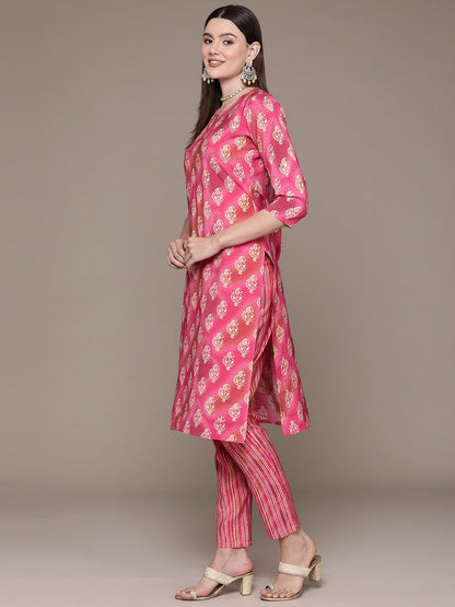 Straight Style Silk Fabric Pink Color Printed & Cut Dana Work Kurti With Palazzo And Dupatta