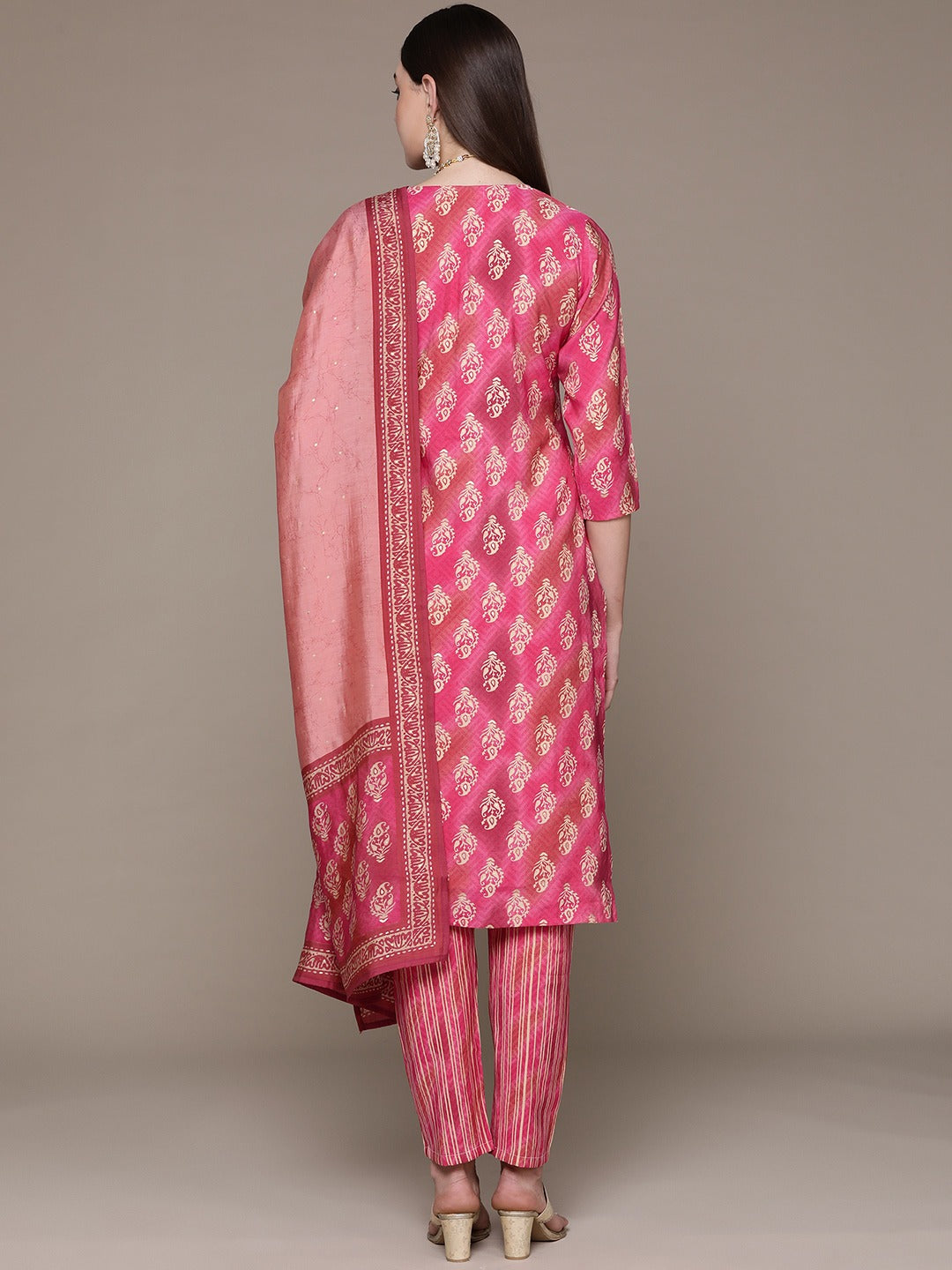 Straight Style Silk Fabric Pink Color Printed & Cut Dana Work Kurti With Palazzo And Dupatta