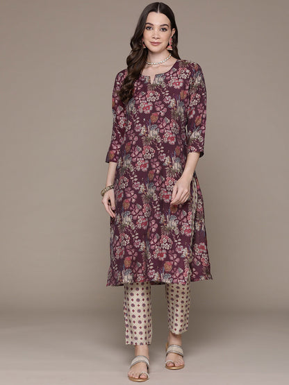 Straight Style Silk Fabric Purple Color Floral Printed & Cut Dana Work Kurti With Palazzo