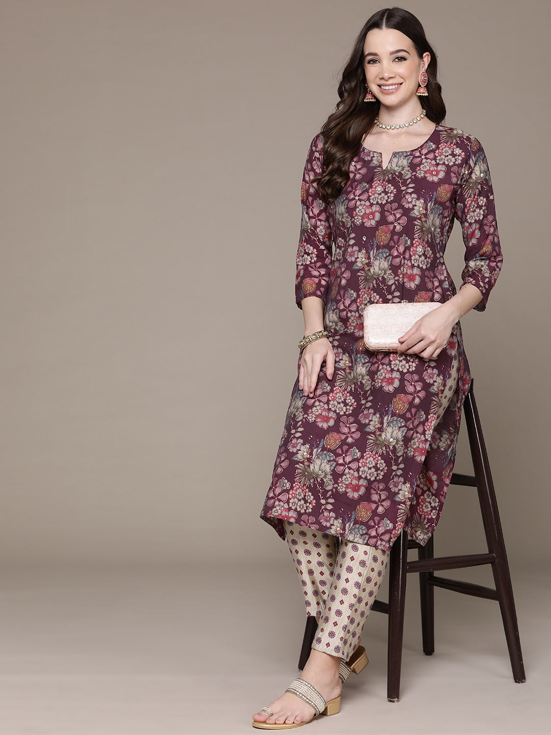 Straight Style Silk Fabric Purple Color Floral Printed & Cut Dana Work Kurti With Palazzo