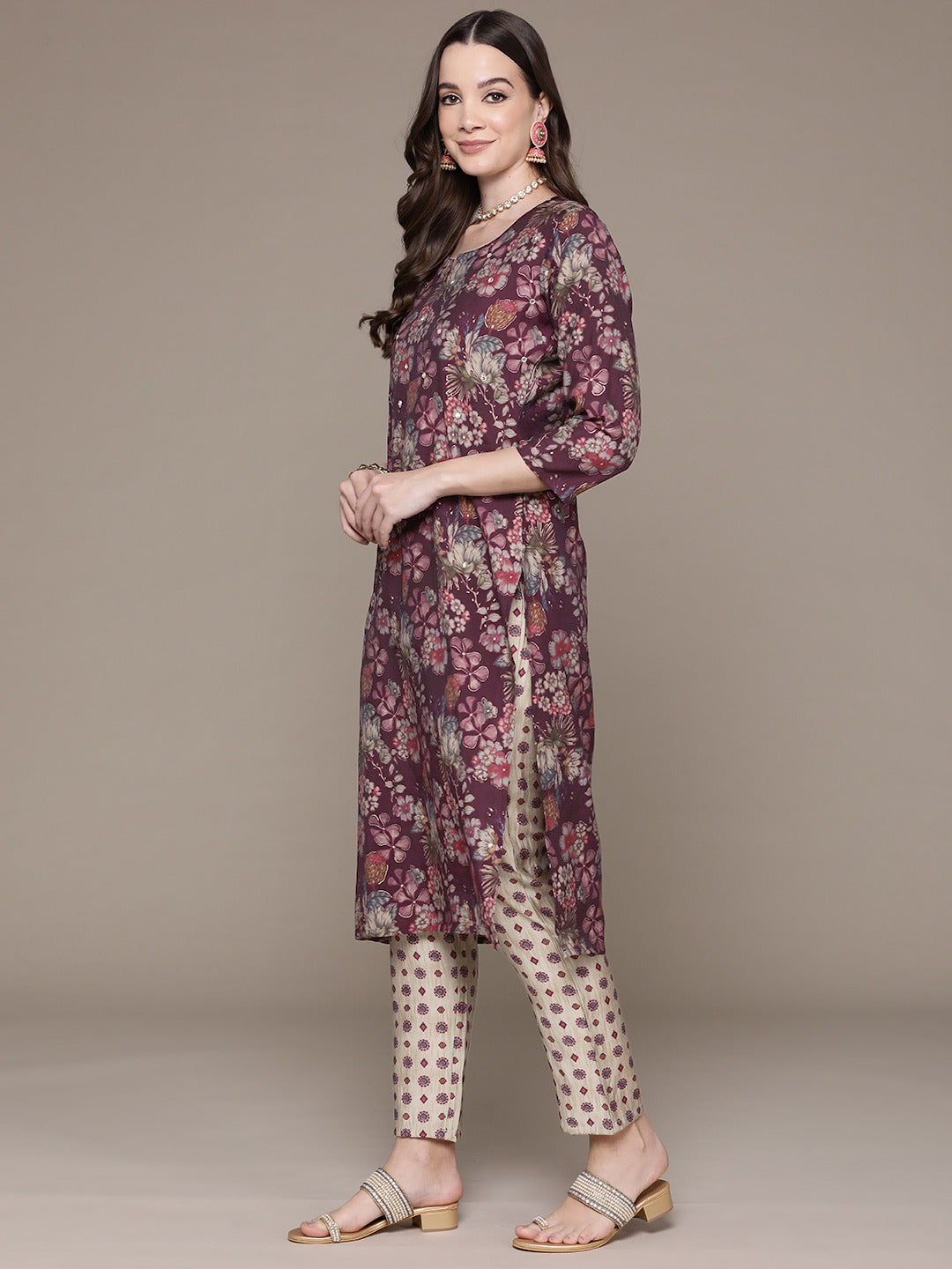 Straight Style Silk Fabric Purple Color Floral Printed & Cut Dana Work Kurti With Palazzo