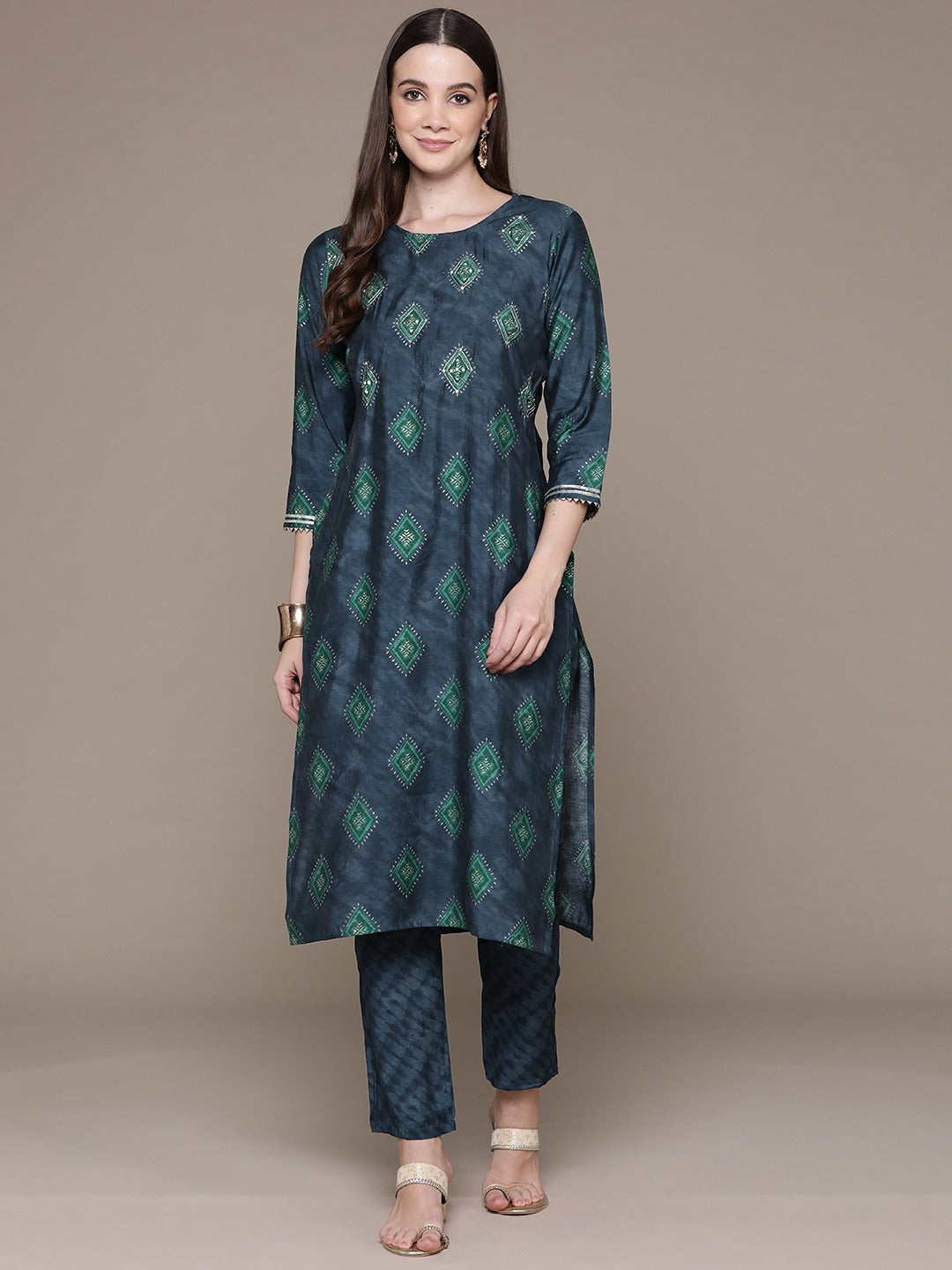 Straight Style Silk Fabric Grey Color Printed & Zari Work Kurti With Palazzo