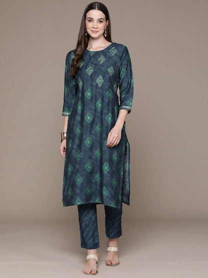 Straight Style Silk Fabric Grey Color Printed & Zari Work Kurti With Palazzo