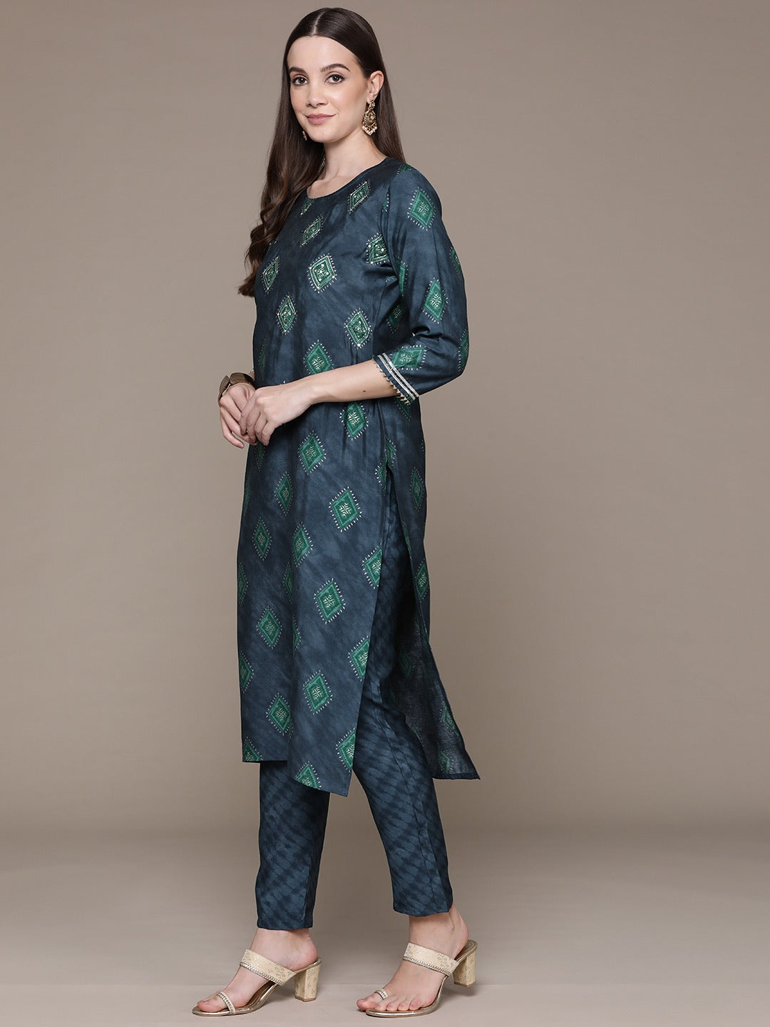 Straight Style Silk Fabric Grey Color Printed & Zari Work Kurti With Palazzo