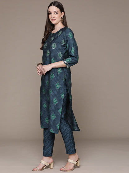 Straight Style Silk Fabric Grey Color Printed & Zari Work Kurti With Palazzo