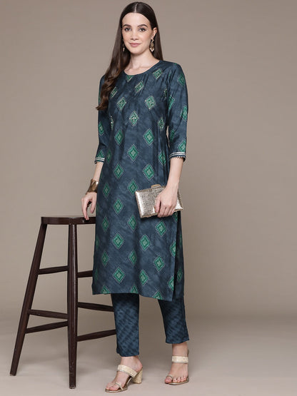 Straight Style Silk Fabric Grey Color Printed & Zari Work Kurti With Palazzo