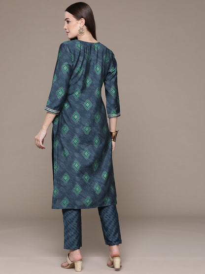 Straight Style Silk Fabric Grey Color Printed & Zari Work Kurti With Palazzo