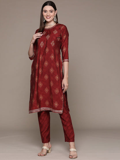 Straight Style Silk Fabric Maroon Color Printed & Zari Work Kurti With Palazzo