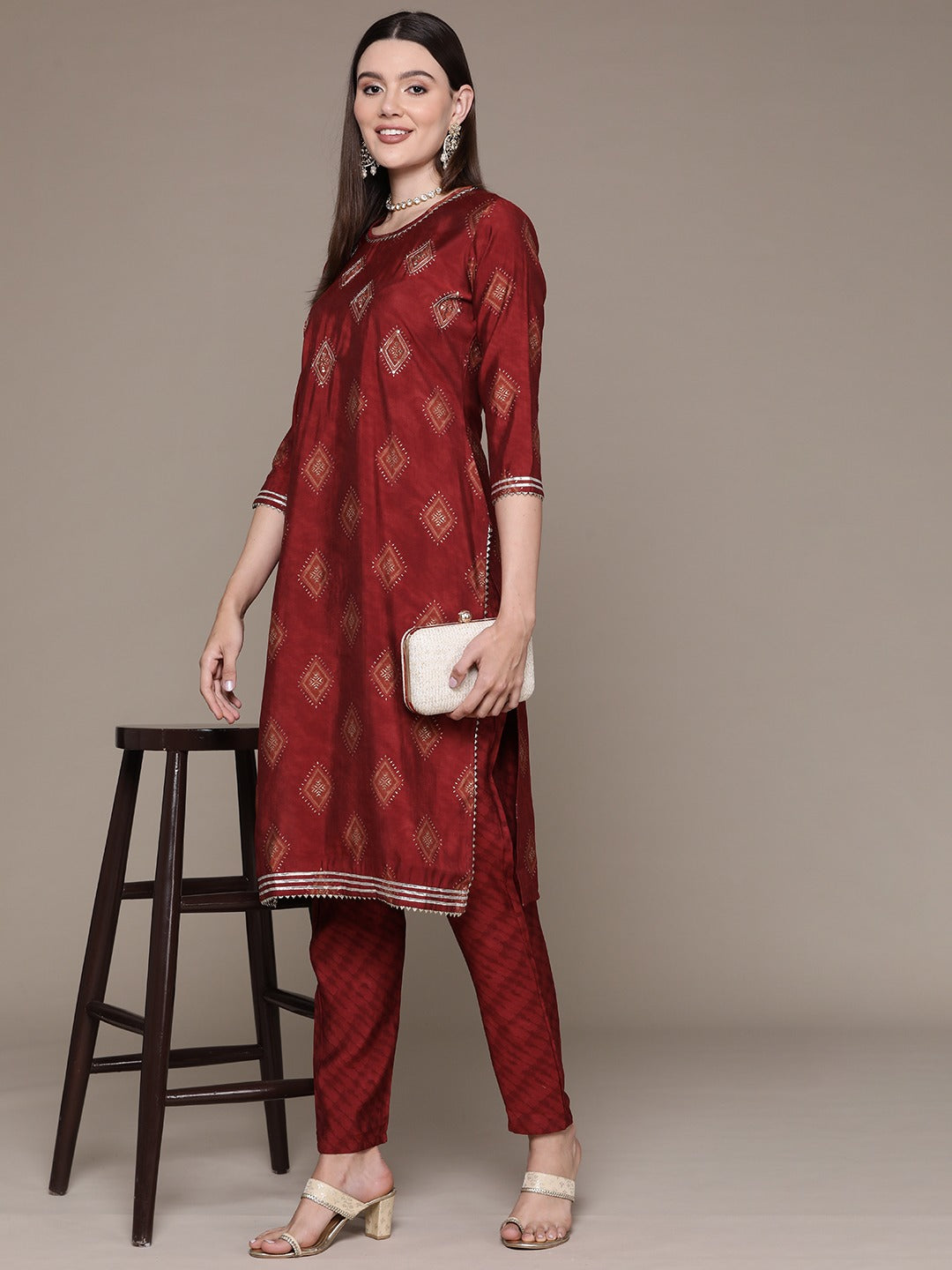 Straight Style Silk Fabric Maroon Color Printed & Zari Work Kurti With Palazzo