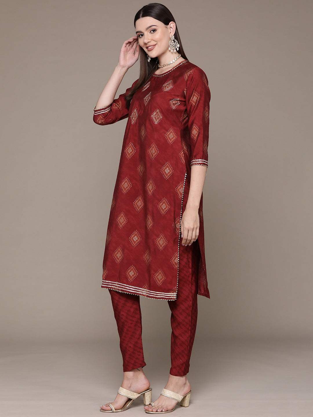 Straight Style Silk Fabric Maroon Color Printed & Zari Work Kurti With Palazzo