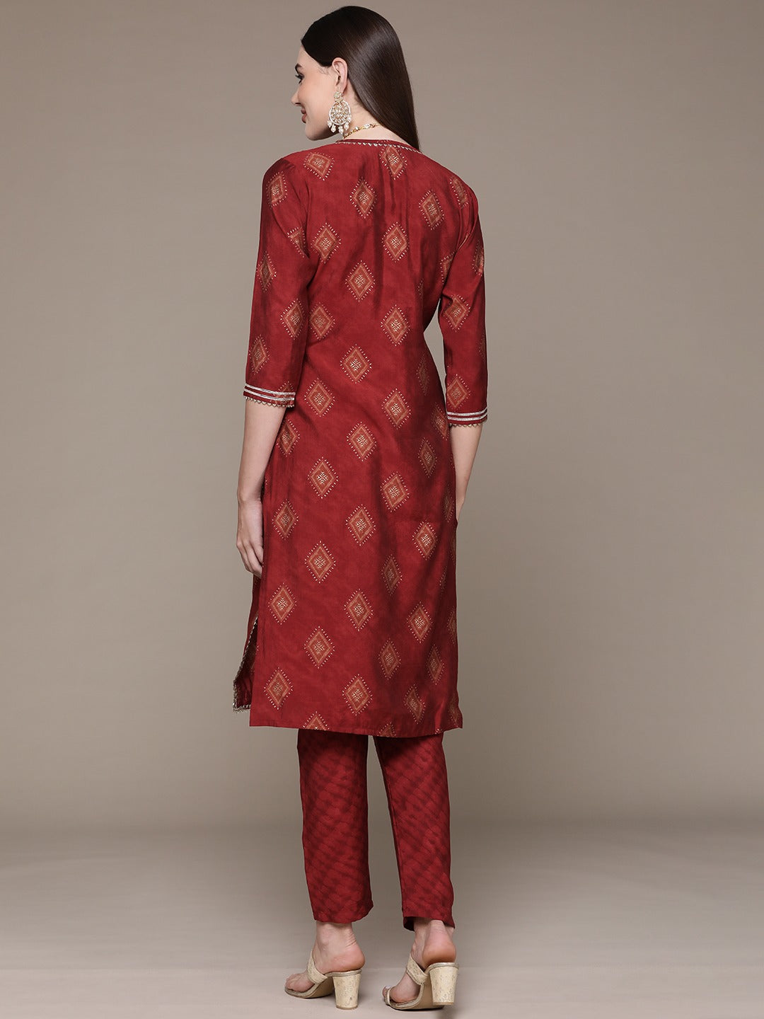 Straight Style Silk Fabric Maroon Color Printed & Zari Work Kurti With Palazzo