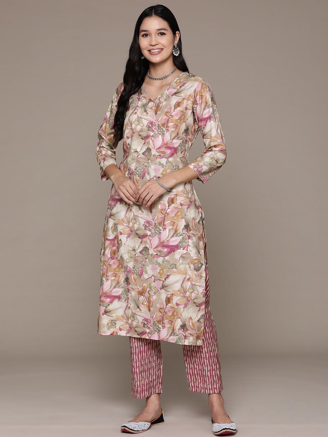 Straight Style Silk Fabric Pink Color Printed Work Kurti With Palazzo