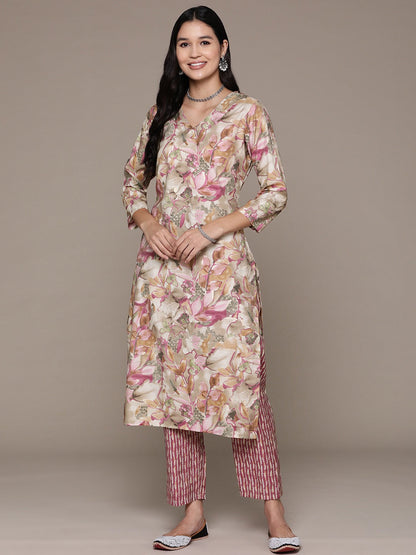 Straight Style Silk Fabric Pink Color Printed Work Kurti With Palazzo