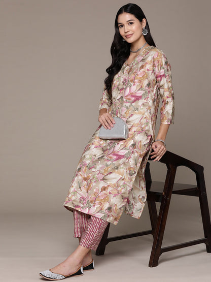 Straight Style Silk Fabric Pink Color Printed Work Kurti With Palazzo