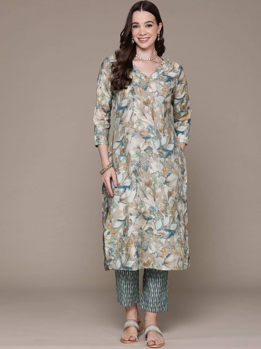 Straight Style Silk Fabric Teal Color Printed & Beads Work Kurti With Palazzo